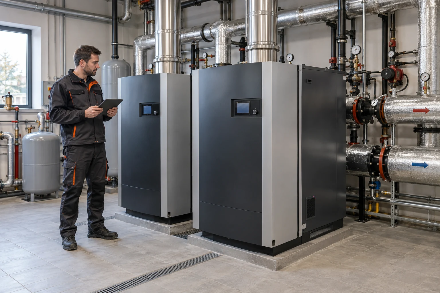 Technik przy kotłach i instalacji grzewczej — ilustracja AI